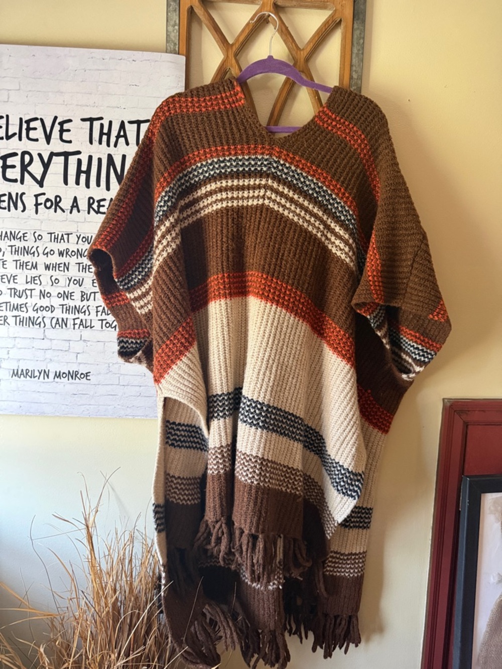 Free People Chunky Brown Knit Poncho with Fringe